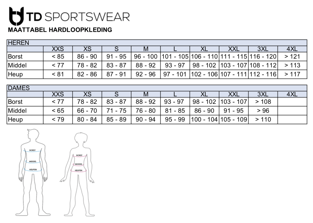 Maattabel hardloopkleding TD sportswear