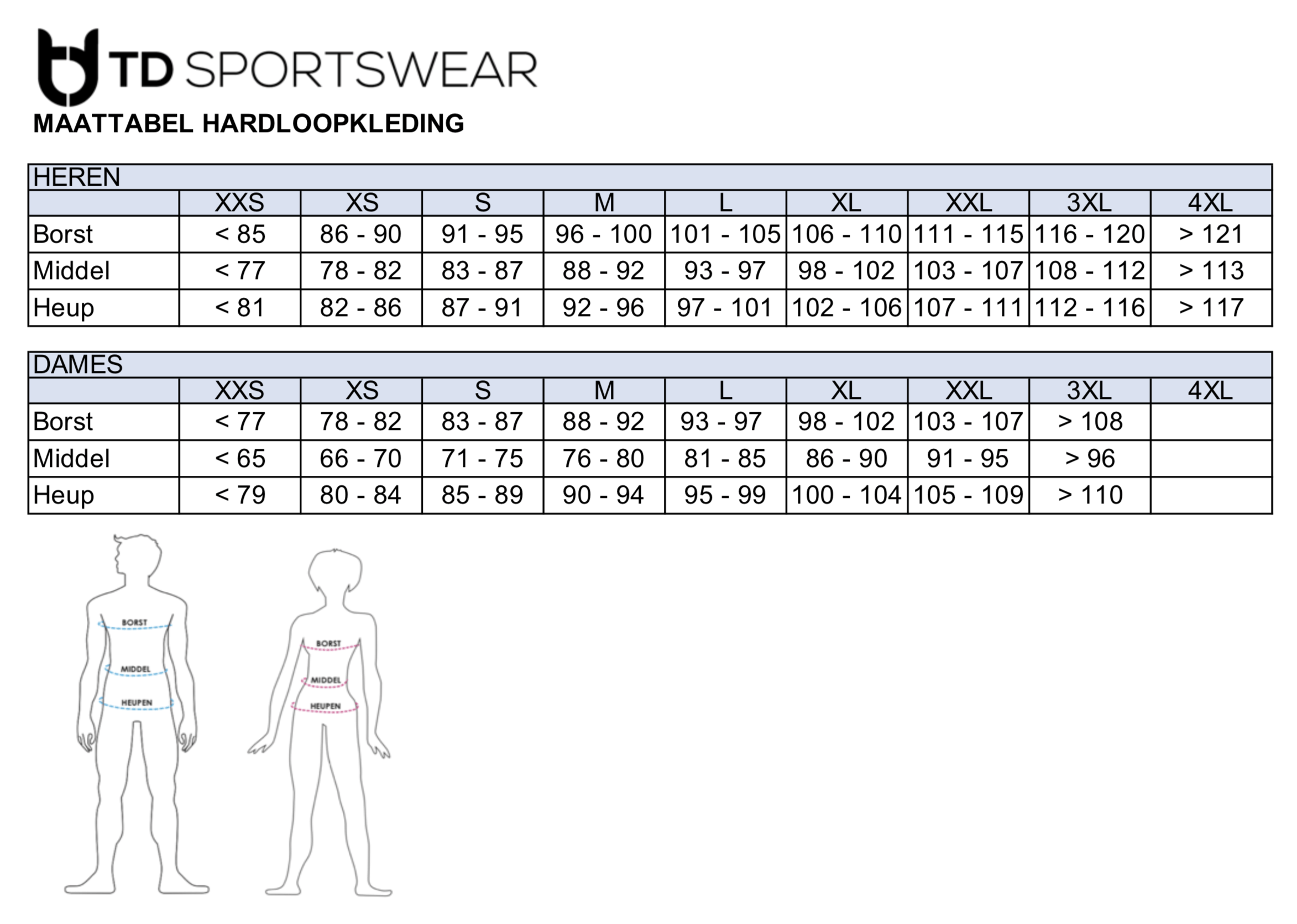 Maattabel hardloopkleding TD sportswear