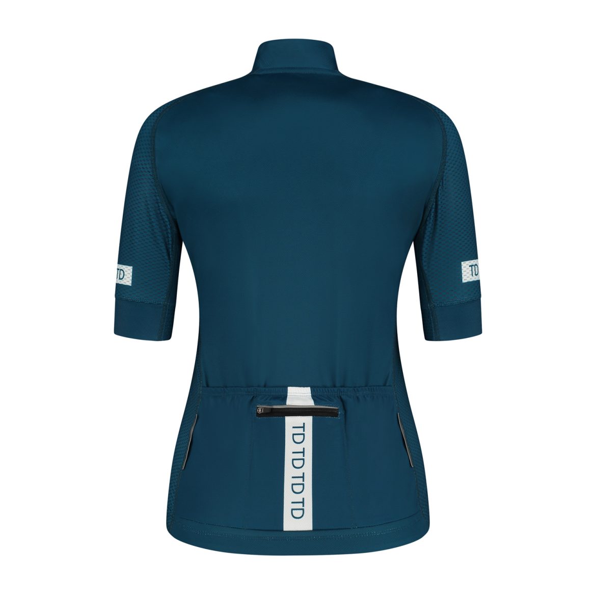 Backside product photo of dark blue cycling jersey short sleeve for women by TD