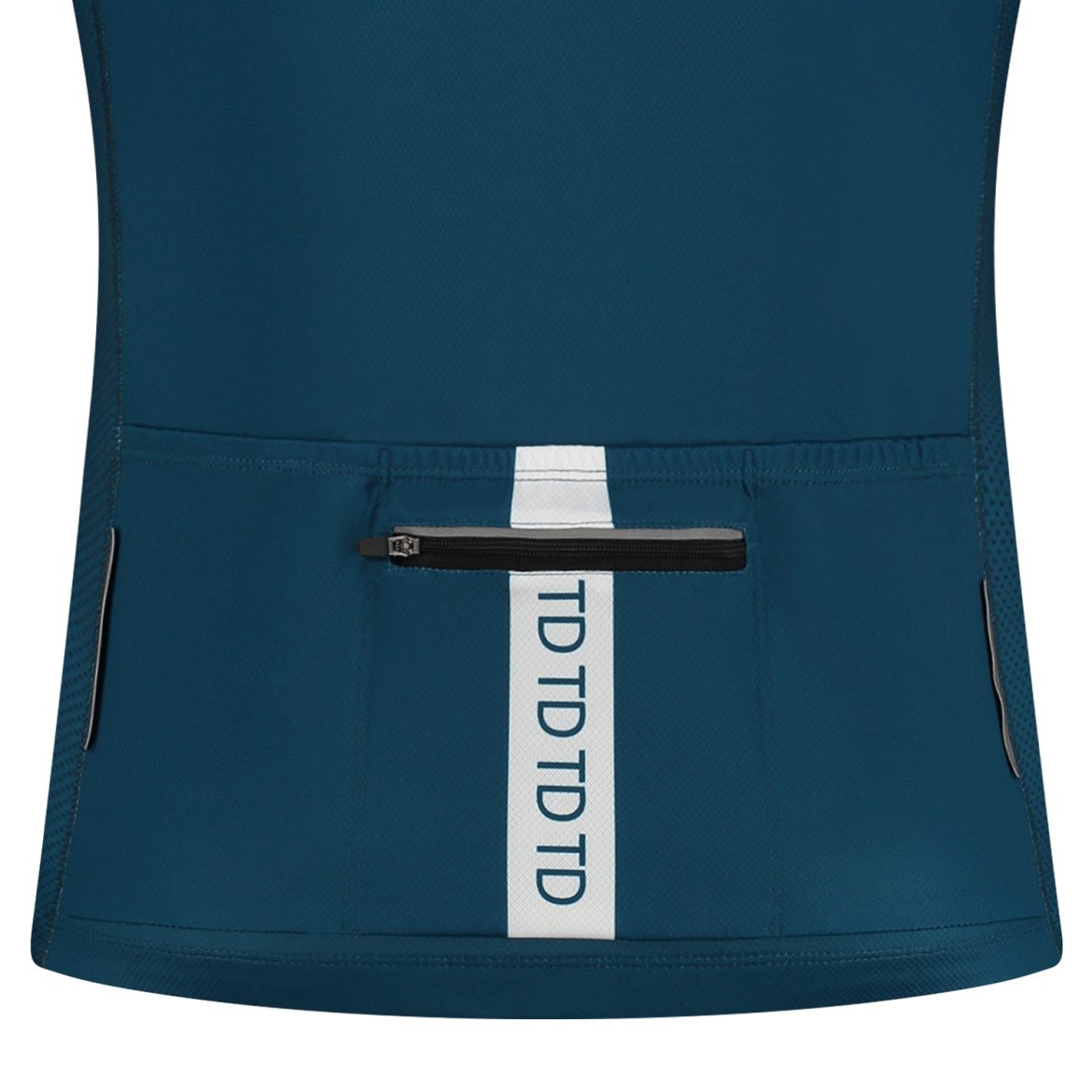 Back detail photo of the 3 back pockets with zipper of a dark blue cycling jerseys from TD