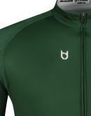 Front dark green cycling jersey product photo with detail focus on mesh fabric on shoulder