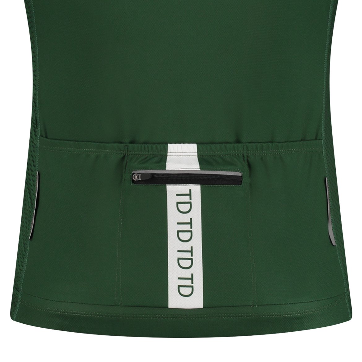 Detail photo of back pockets with zipper on dark green women's cycling jersey from TD Sportswear