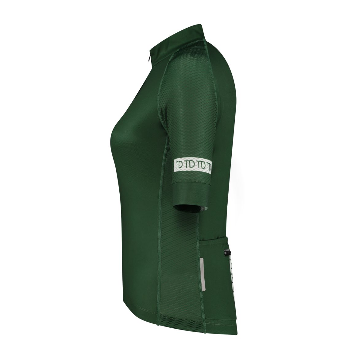Cycling jersey side view with dark green color, women's sizing and TD grippers