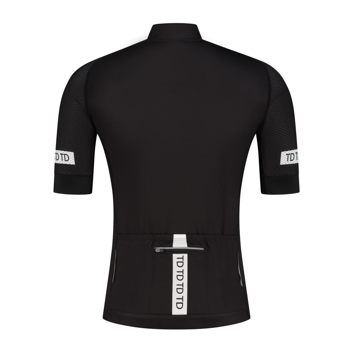 Back side cycling jersey black men's sizing with short sleeves and grippers by TD