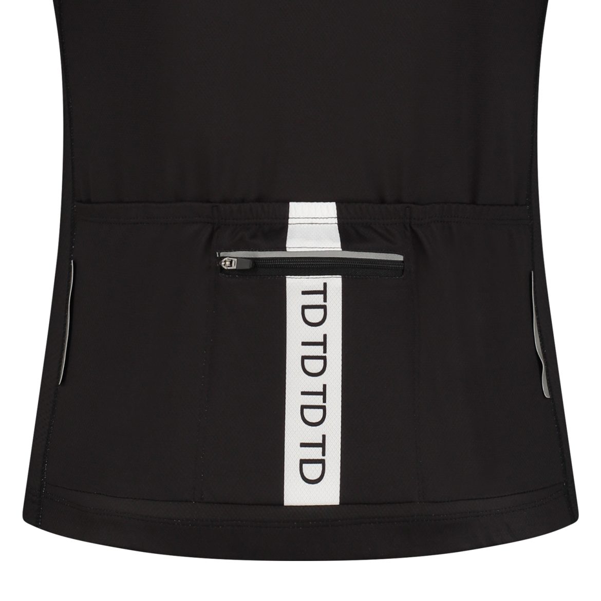 photo of 3 deep back pockets with zipper on the middle of a cycling jersey with black color