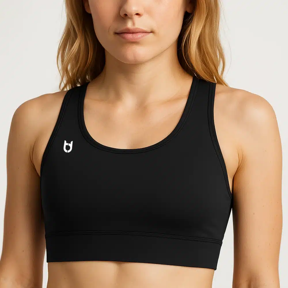 Custom black women's sports bra – high-support racerback design for running, training, and teamwear