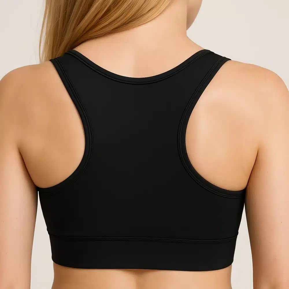 Back view of custom women’s racerback sports bra – breathable performance fit for active training and sports events