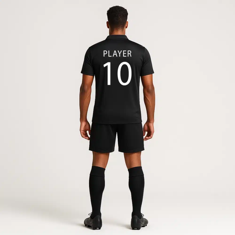 Custom black football polo shirt for men – short sleeve team polo with sponsor logo for match day and events