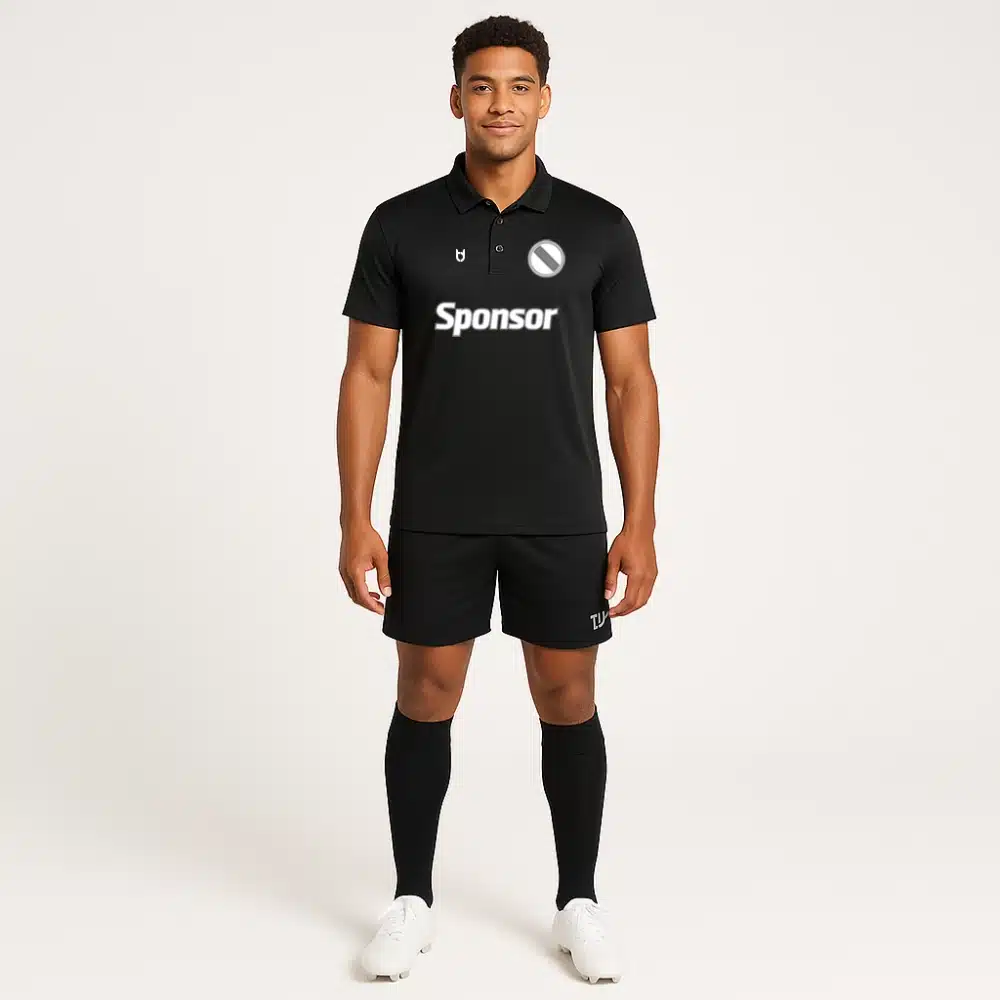 Custom black football polo shirt for men – short sleeve team polo with sponsor logo for match day and events