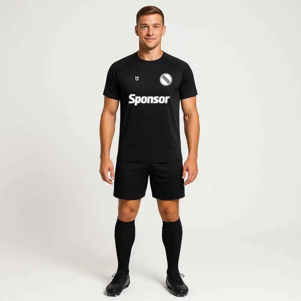 Custom black football shirt for women – breathable team jersey with sponsor and logo print for match day or training