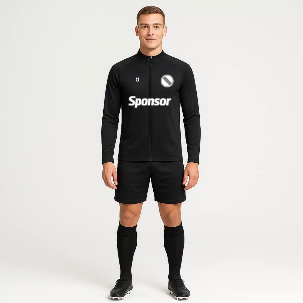 Custom black football winter jacket for men – full-zip warm-up jacket with sponsor and team logo for cold-weather training