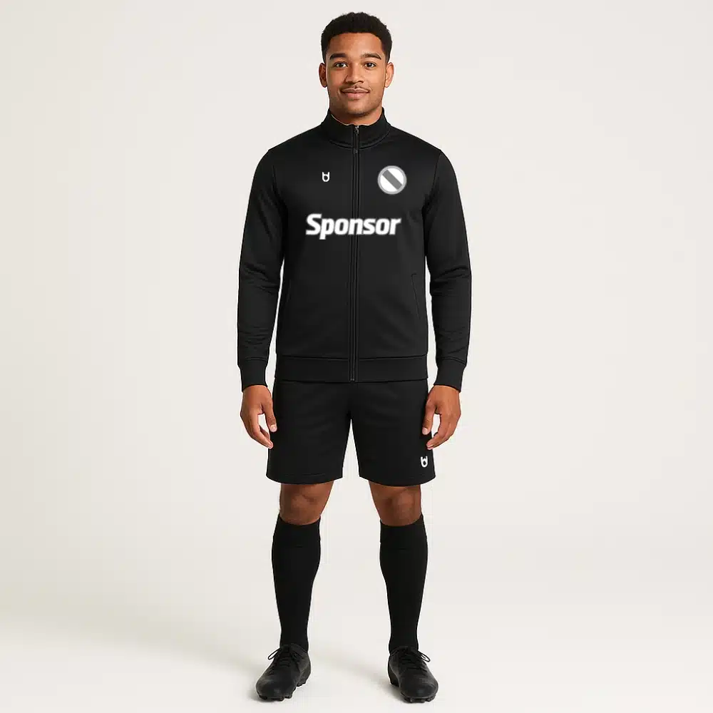 Custom black football winter jacket for men – full-zip warm-up jacket with sponsor and team logo for cold-weather training