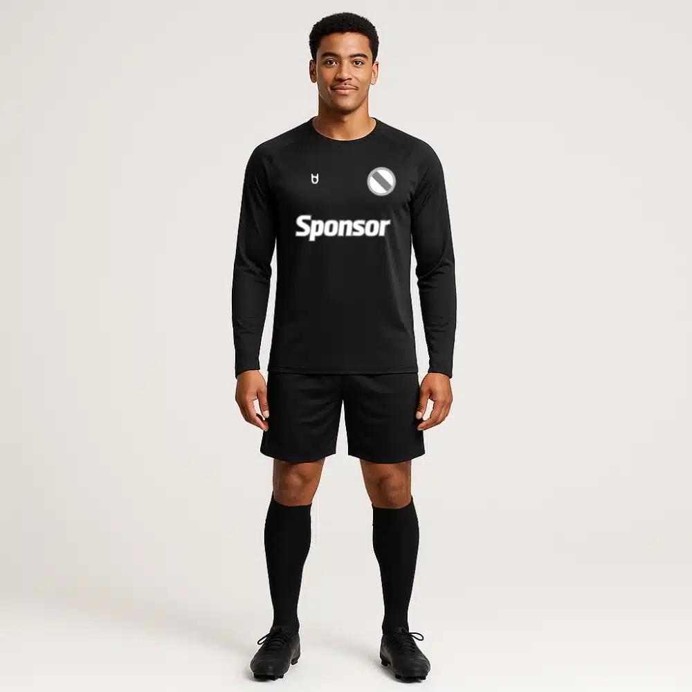 Custom black long sleeve football shirt for men – breathable match jersey with sponsor and logo print for cooler conditions