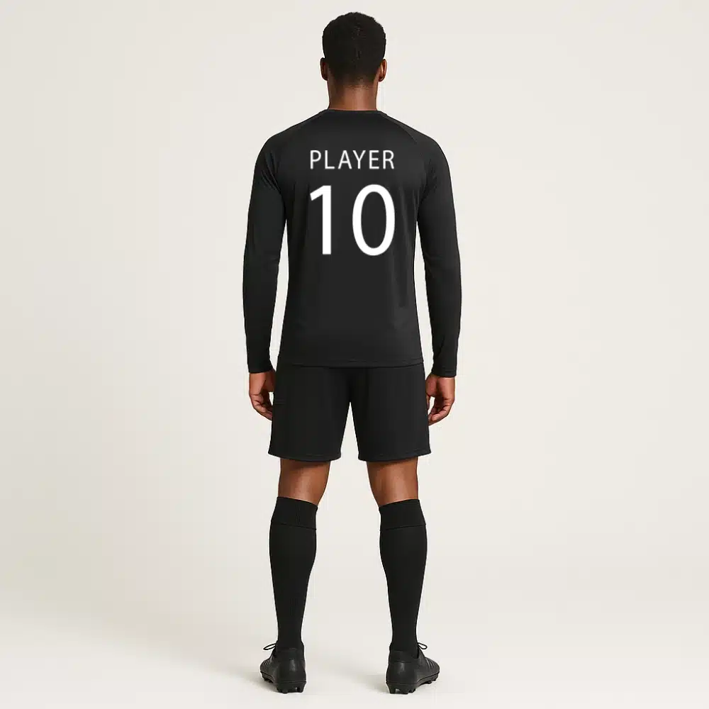 Custom black long sleeve football shirt for men – breathable match jersey with sponsor and logo print for cooler conditions
