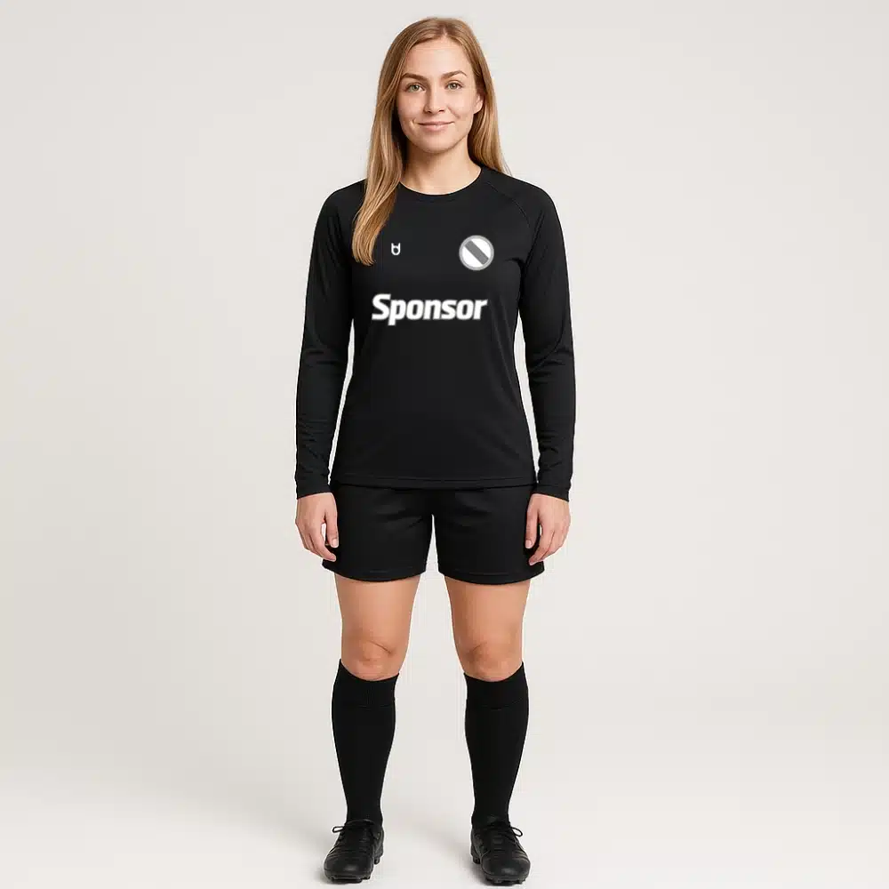 Custom black long sleeve football shirt for women – performance jersey with sponsor and logo print for match and training use