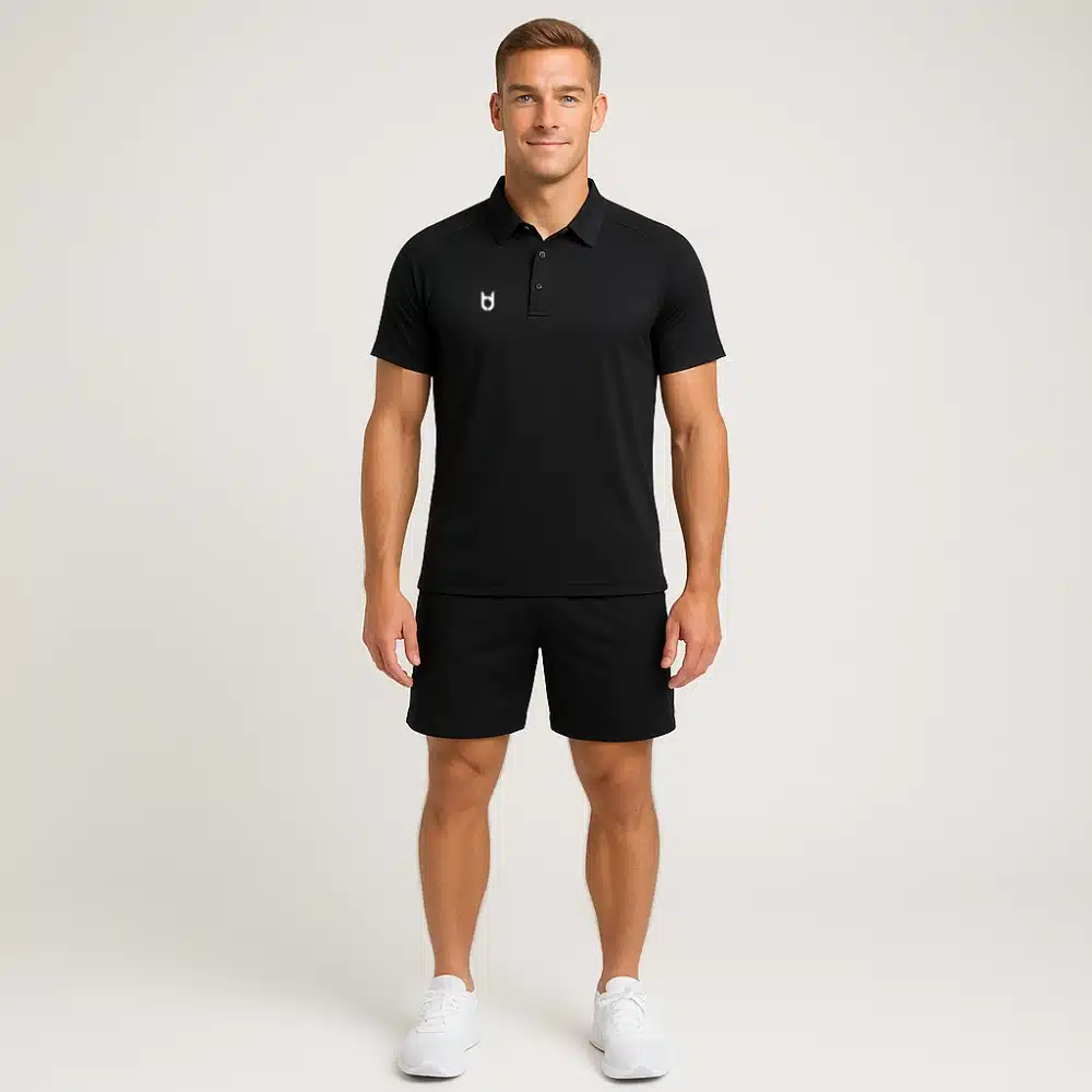 Custom black sports polo shirt for men – breathable short sleeve polo for teams, events, or corporate sportswear