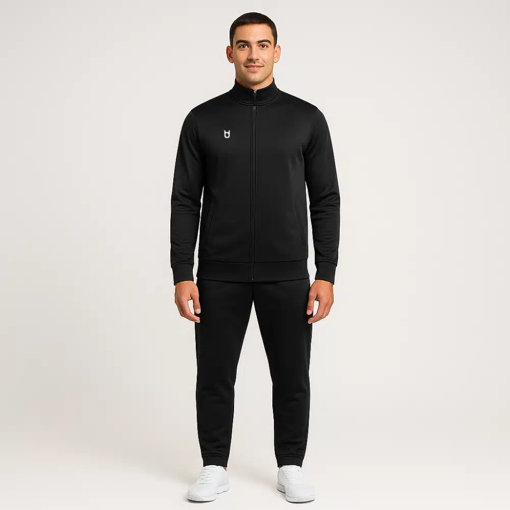 Custom black winter running jacket for men – full-zip thermal sports jacket for teams, events, and cold-weather training