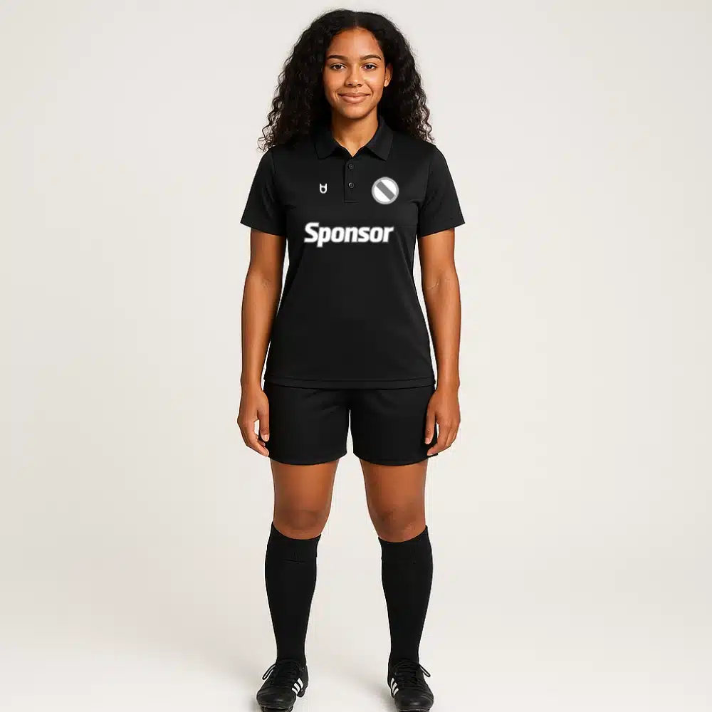 Custom black football polo shirt for women – breathable and stylish team polo with logo and sponsor print for club use