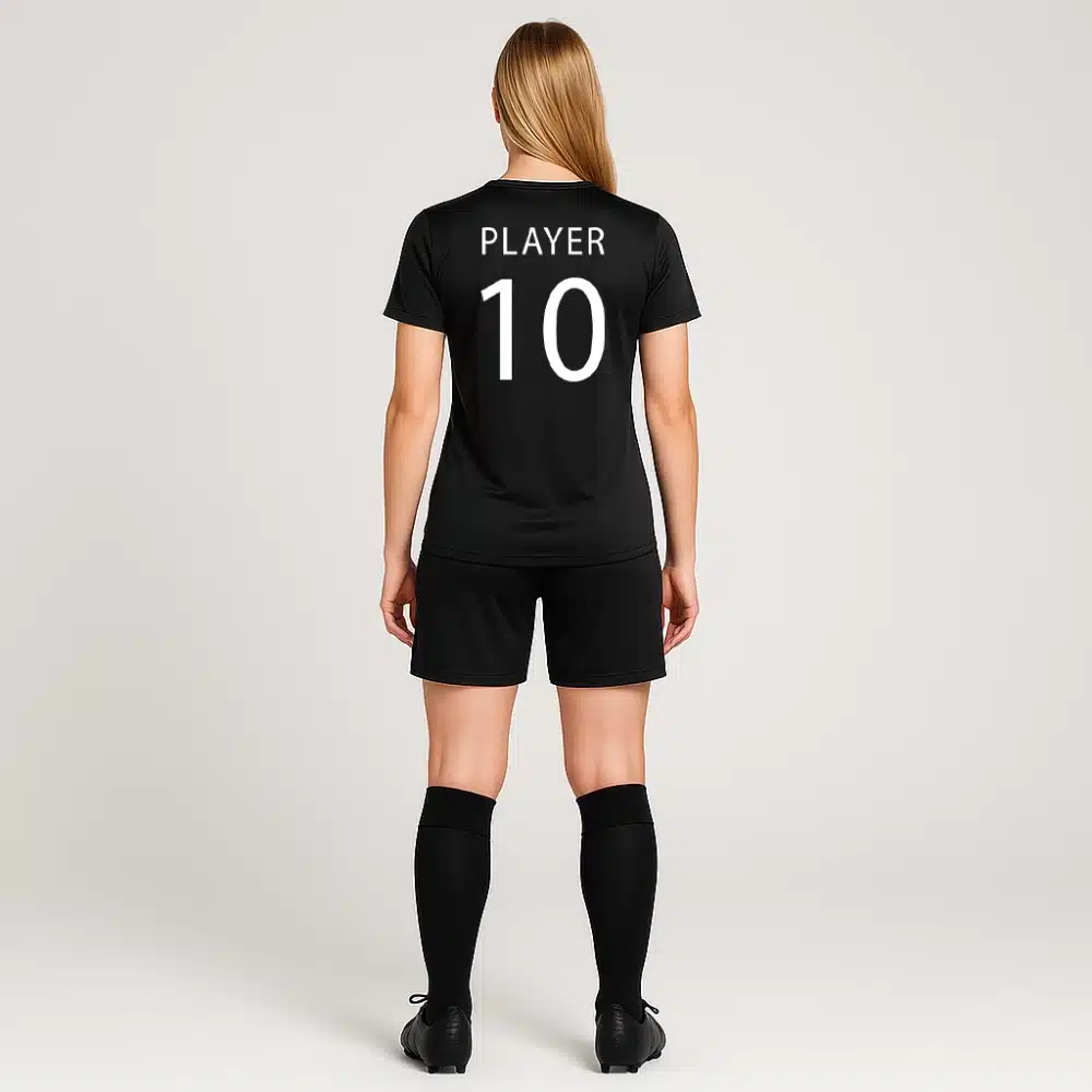 Custom black football shirt for women – breathable team jersey with sponsor and logo print for match day or training