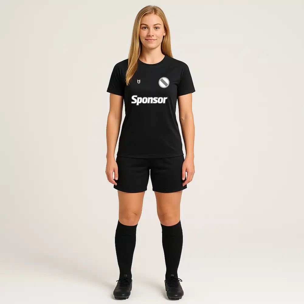 Custom black football shirt for women – breathable team jersey with sponsor and logo print for match day or training