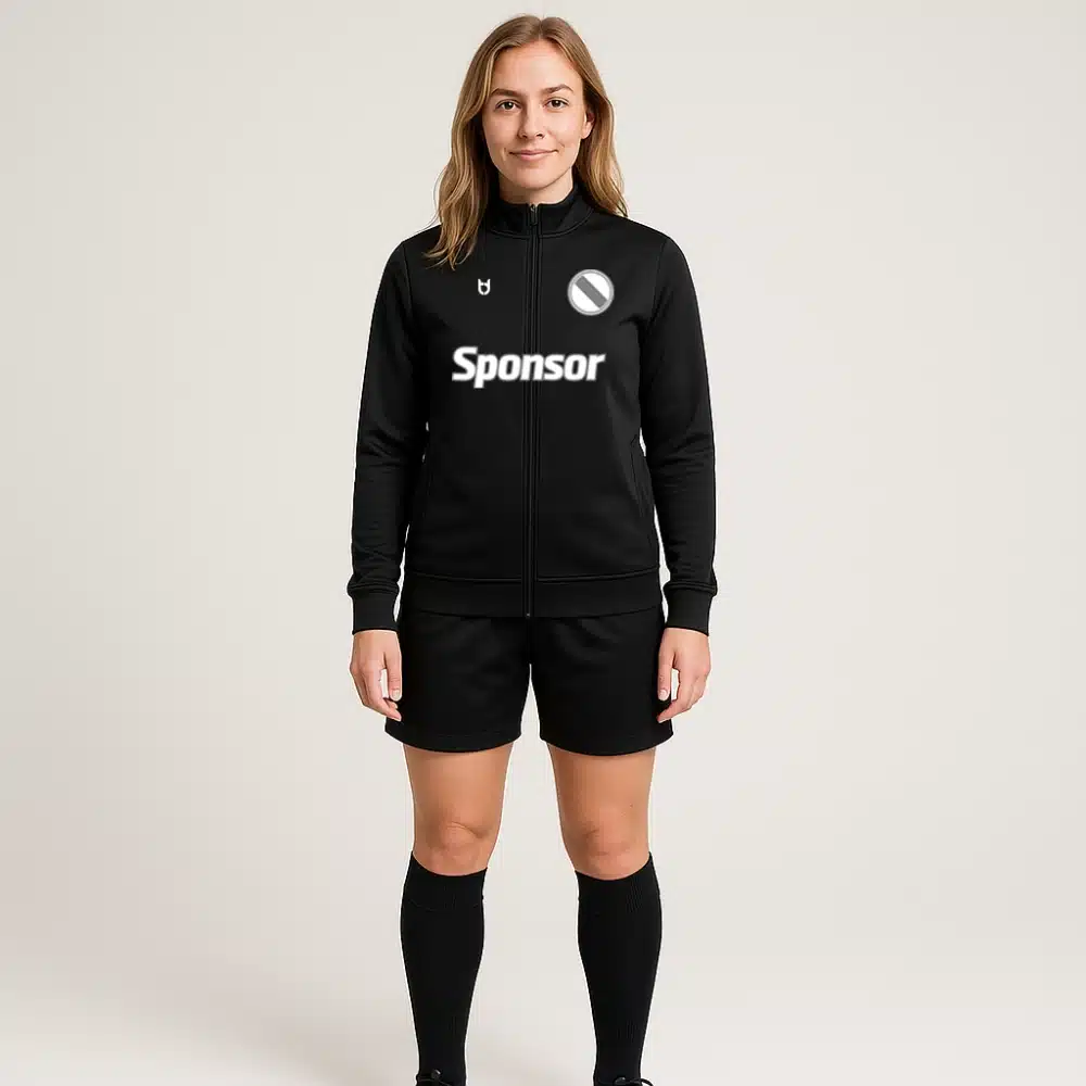 Custom black football winter jacket for women – thermal full-zip jacket with sponsor and logo for teamwear and outdoor training