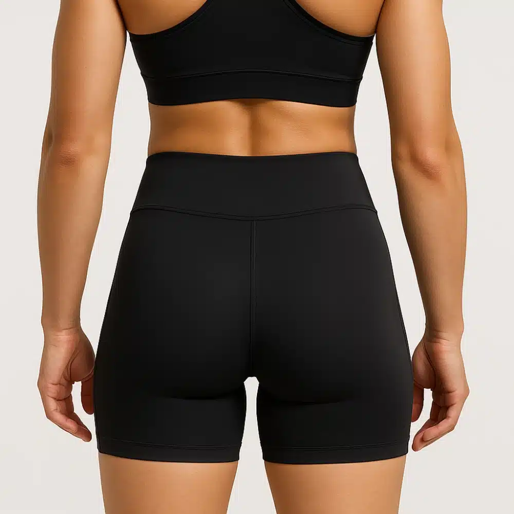 Back view of custom black women’s 7.5 cm running shorts – tight fit with high waist for comfort and support during workouts