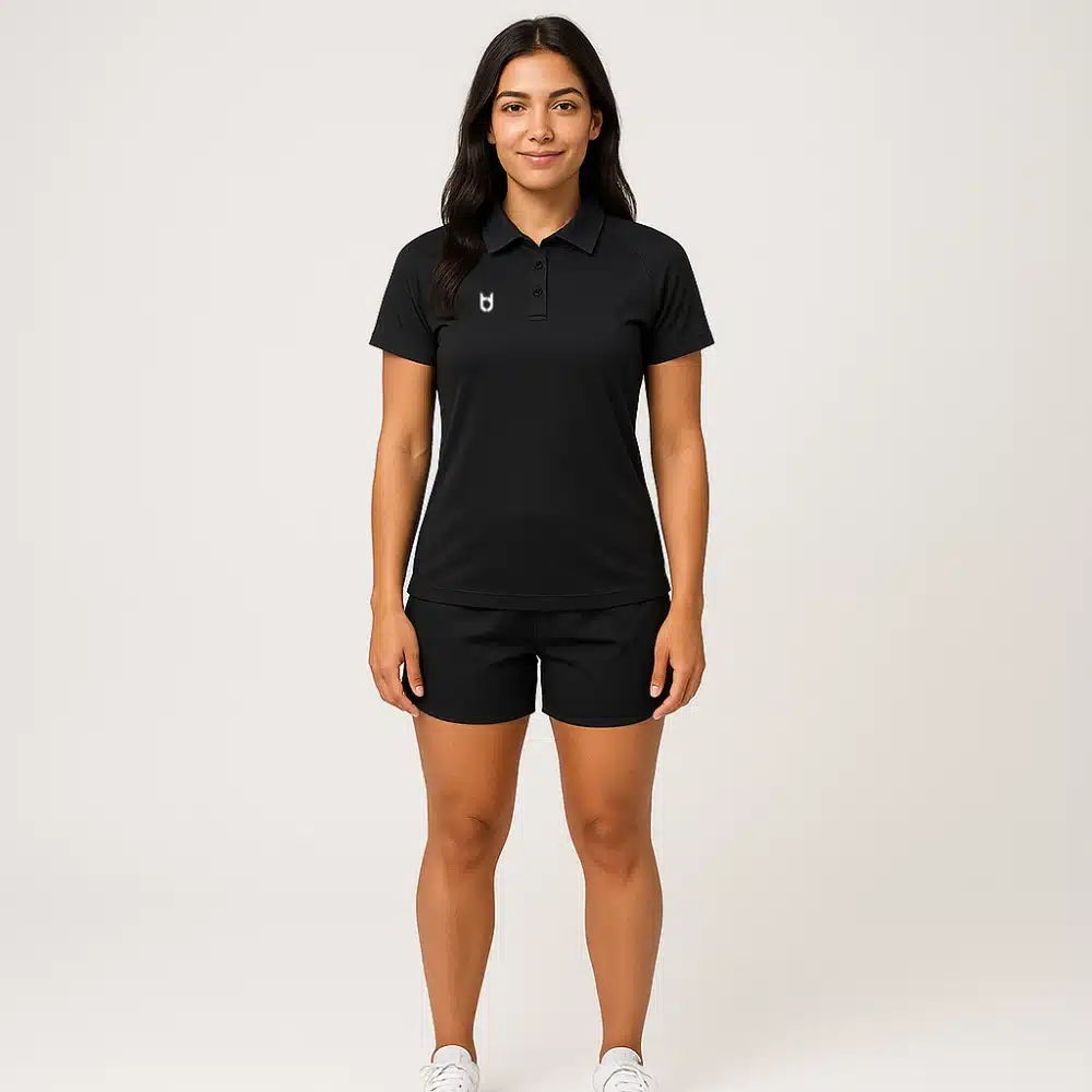 Custom black sports polo shirt for women – short sleeve breathable polo for corporate sportswear, events, and teams