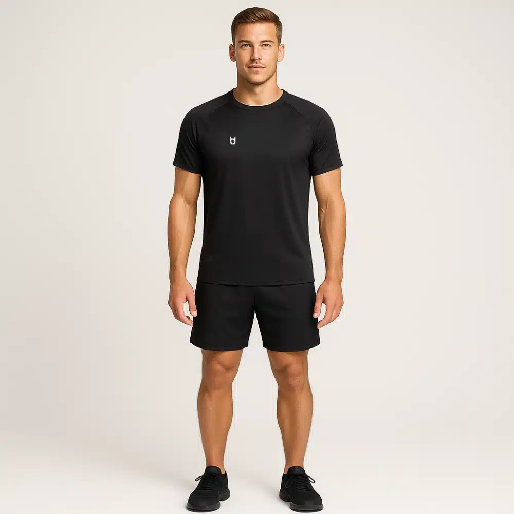 Custom black short sleeve running shirt for men – breathable sports top for teams, events, and individual athletes
