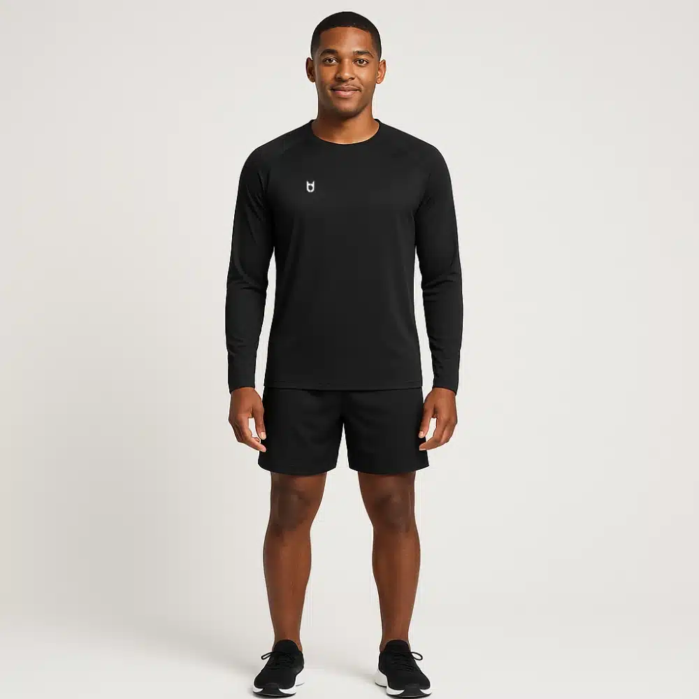 Custom black long sleeve running shirt for men – thermal performance top for races, teamwear, and cold-weather running
