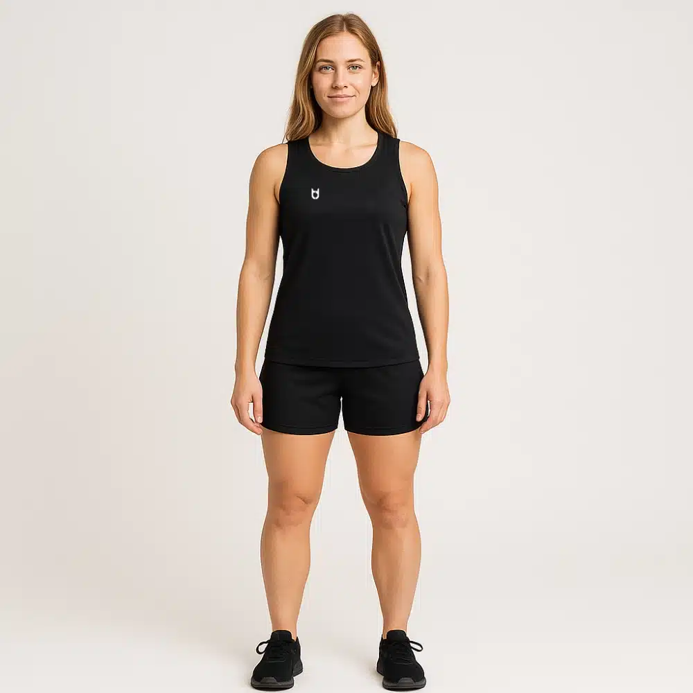 Custom black running singlet for women – breathable sleeveless running top for events, teams, and warm-weather training
