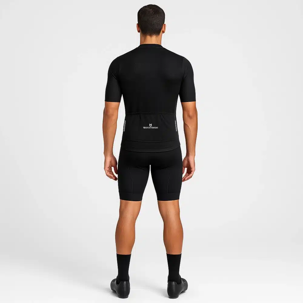 Back view of men’s Elite 1200 cycling jersey – pro fit with mesh back panel, reinforced pockets, and reflective details for maximum performance