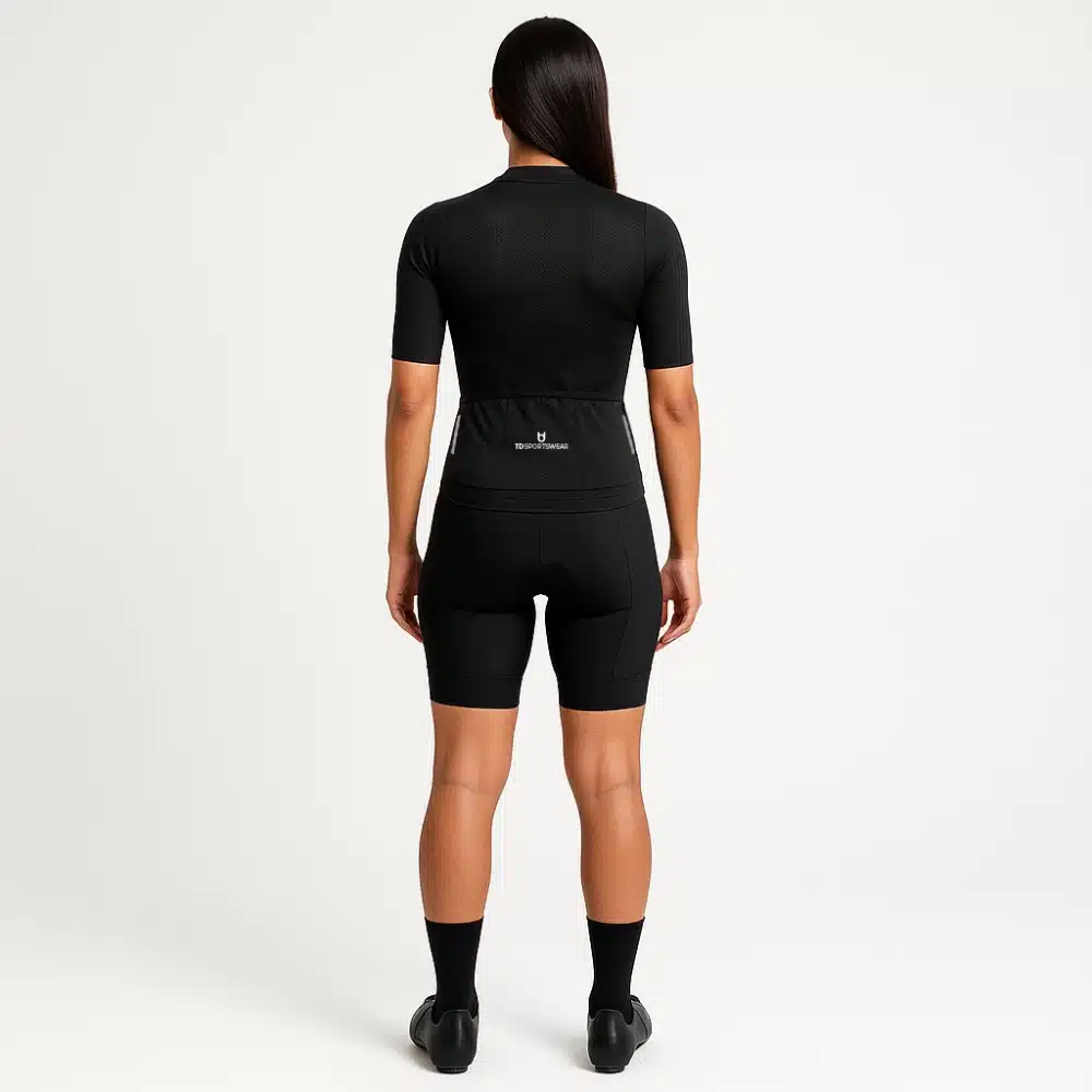 Back view of women’s Elite 1200 cycling jersey – mesh back, deep pockets, and pro cut for top performance in cycling races