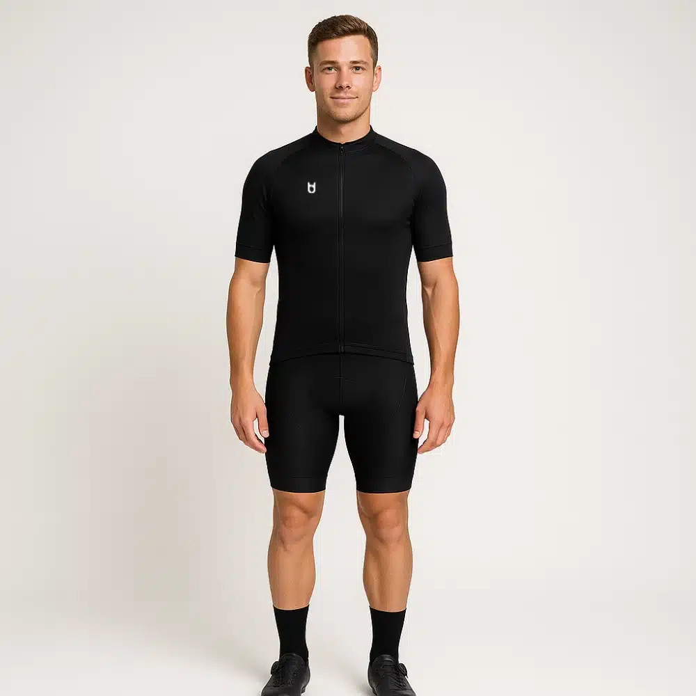 Custom black Sport 100 cycling jersey for women – short sleeve slim fit cycling shirt with full zip and breathable technical fabric