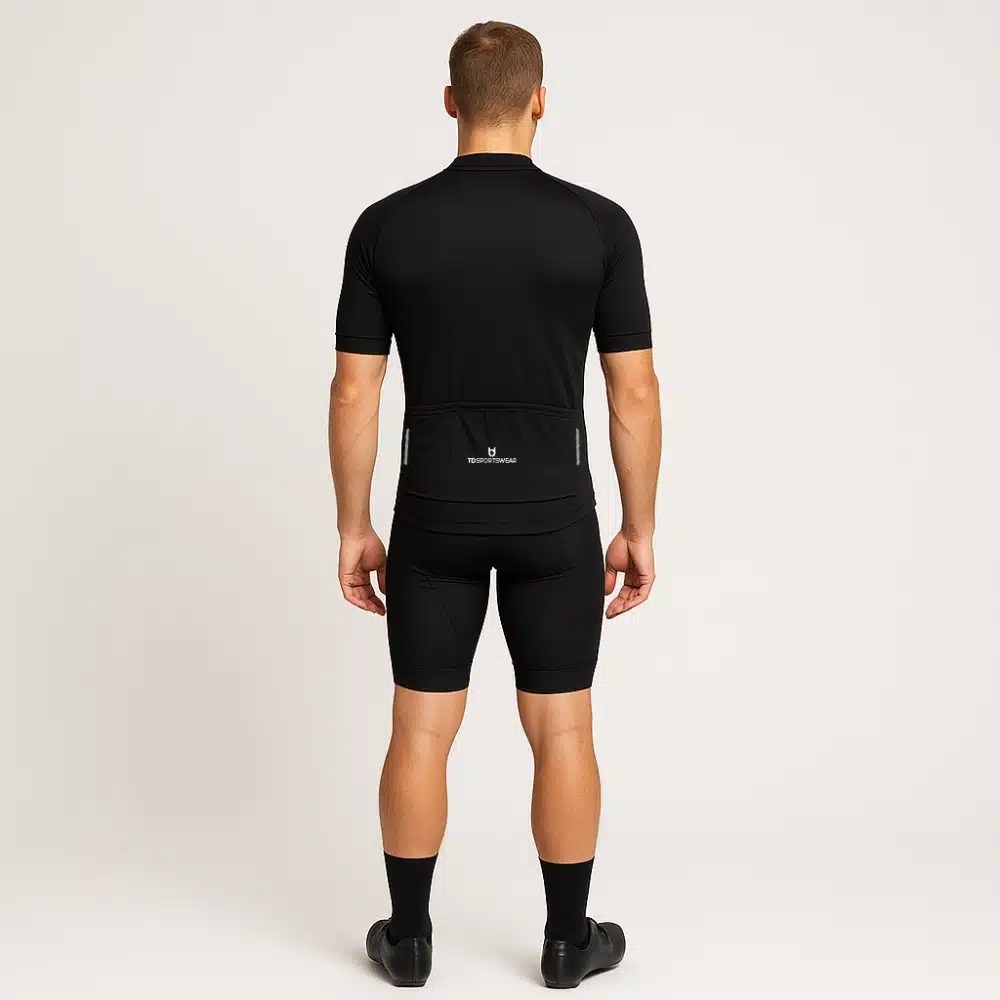 Back view of men’s Sport 100 cycling jersey – three rear pockets, reflective details, and slim fit for professional road cycling