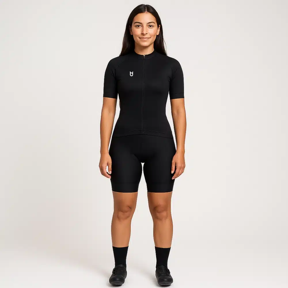 Custom black Sport 100 cycling jersey for women – short sleeve slim fit cycling shirt with full zip and breathable technical fabric