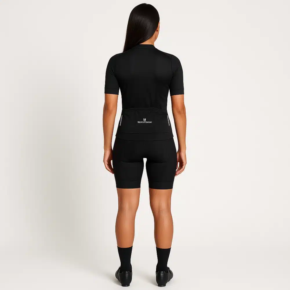Back view of women’s Sport 100 cycling jersey – ergonomic fit with rear pockets and reflective elements for road cycling