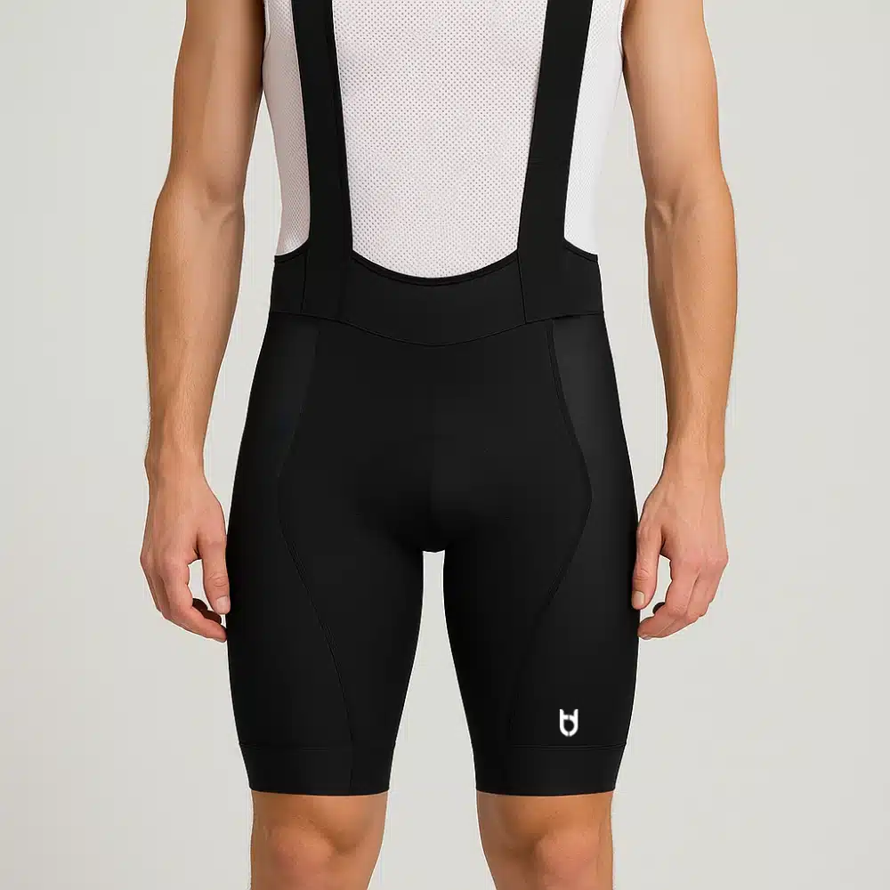 Front view of the Pro 800 cycling bib shorts with aerodynamic race fit and sculpted front panel.