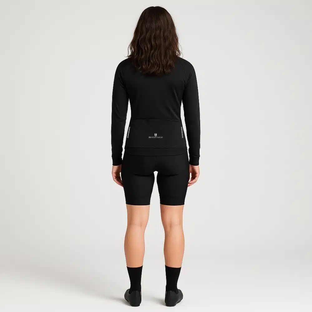 Female model wearing the all season cycling jacket – back view