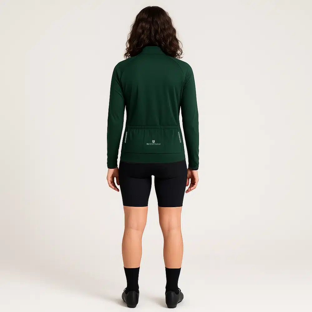 Female model wearing the custom cycling rain jacket – back view