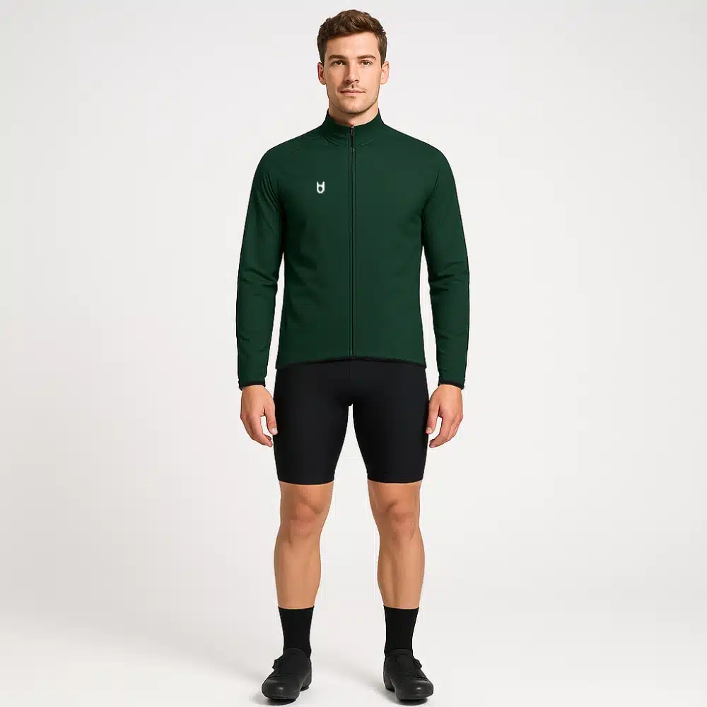 Male model wearing the custom cycling rain jacket – front view
