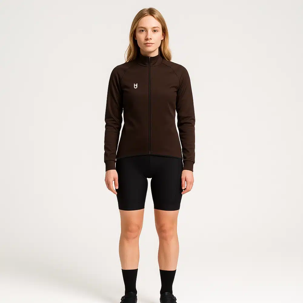 Female model wearing the custom cycling wind jacket – front view