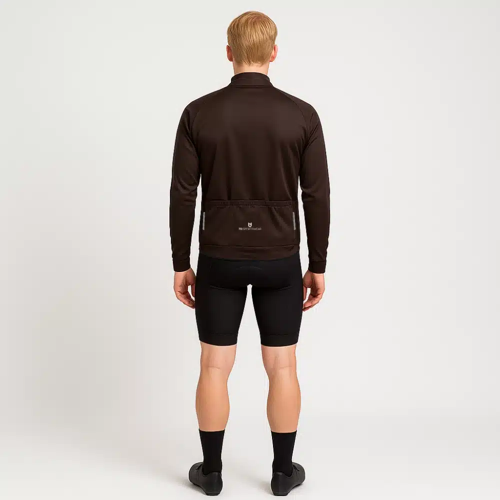 Male model wearing the custom cycling wind jacket – back view