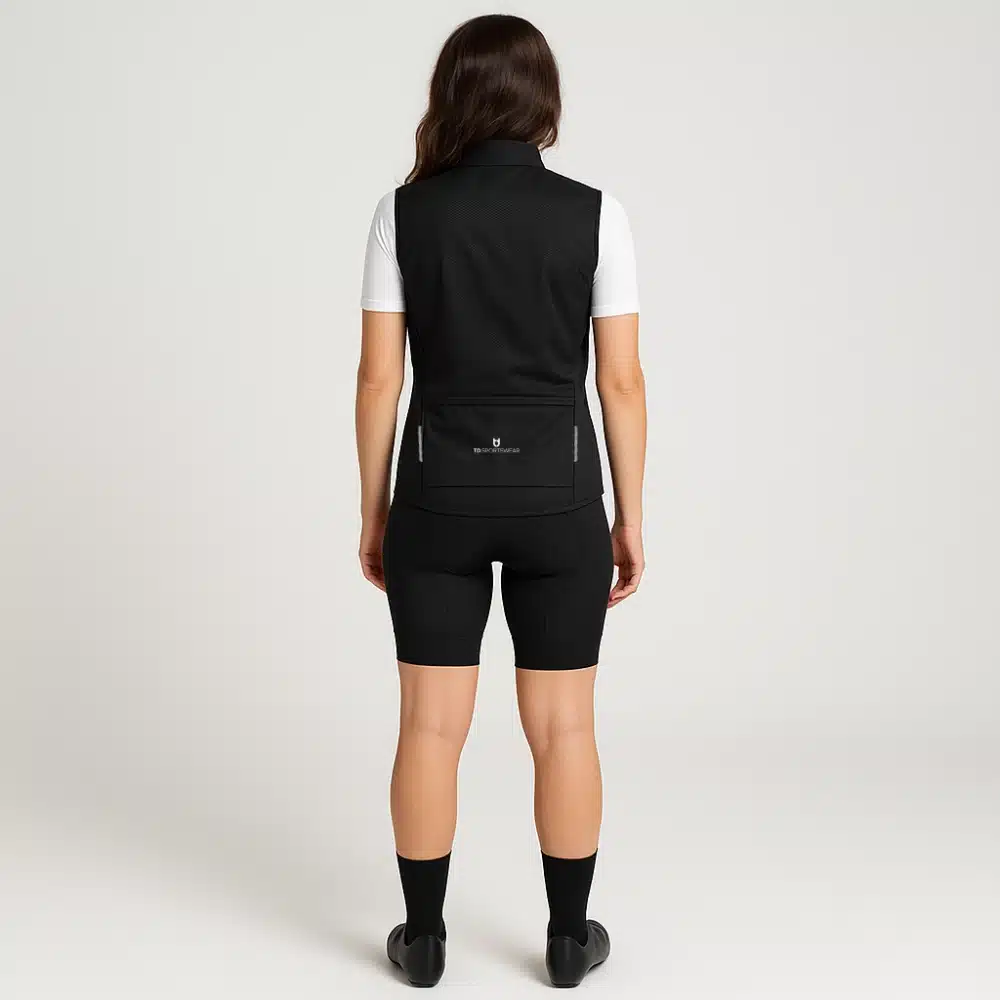 Female model wearing the custom cycling wind gilet – back view