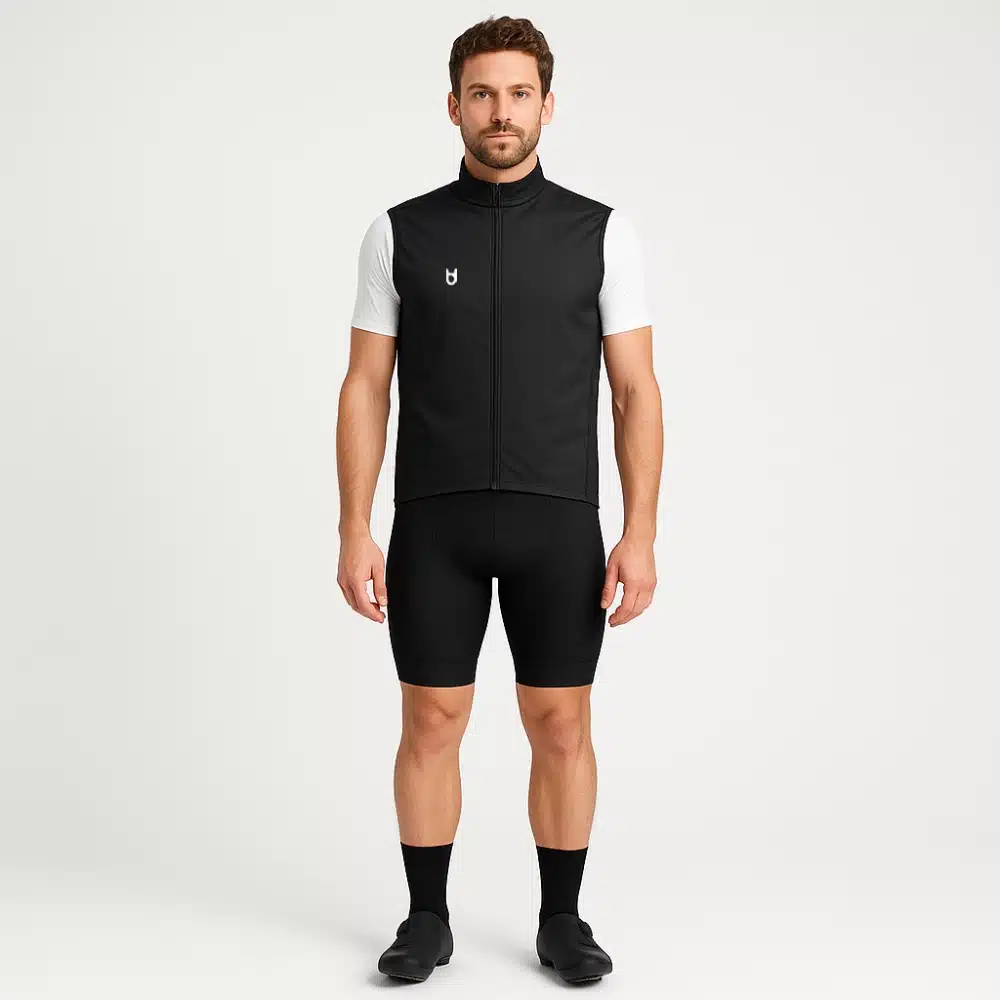 Male model wearing the custom cycling wind gilet – front view