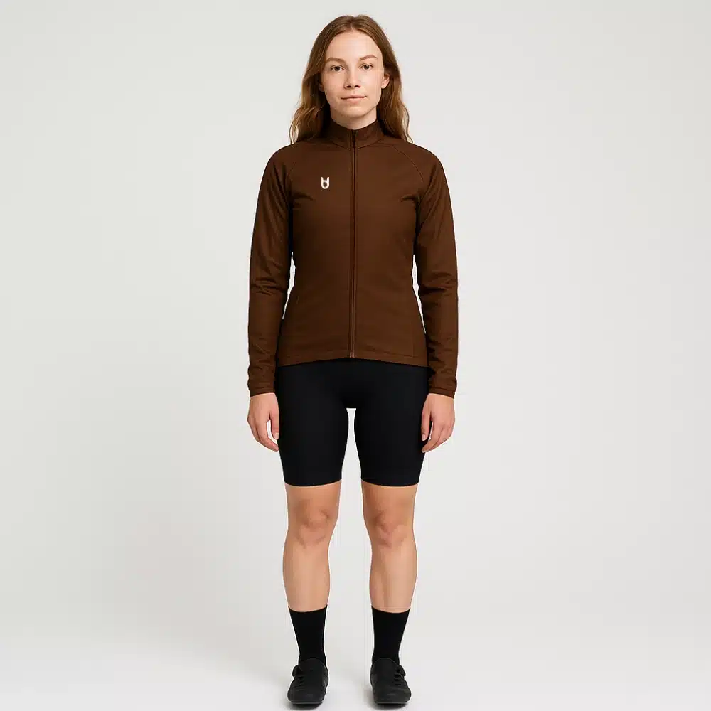 Female model wearing the custom summer cycling jacket – front view