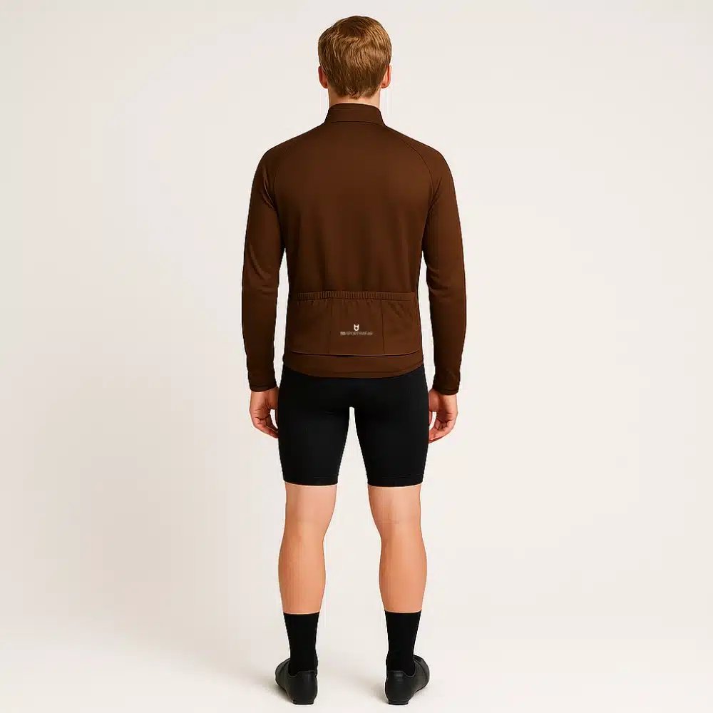 Male model wearing the custom summer cycling jacket – back view